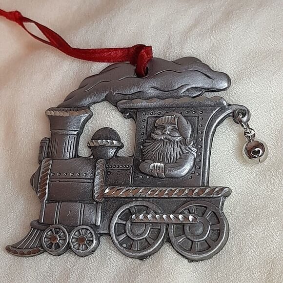 Santa on Train Pewter Christmas Ornament Locomotive Engine Conductor - Picture 1 of 4